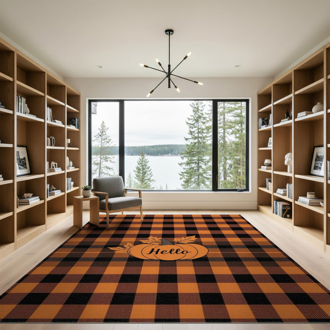 Hello Pumpkin Orange Plaid Area Rug