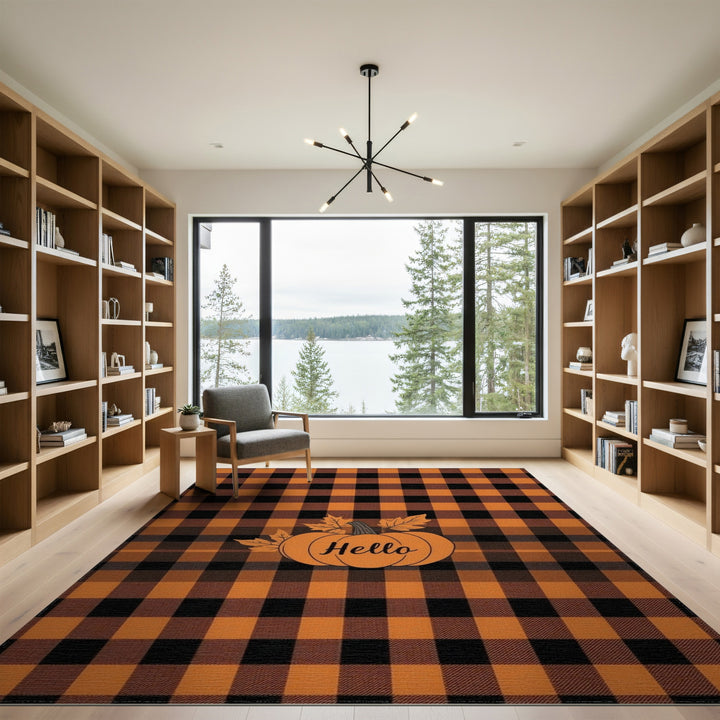 Hello Pumpkin Orange Plaid Area Rug