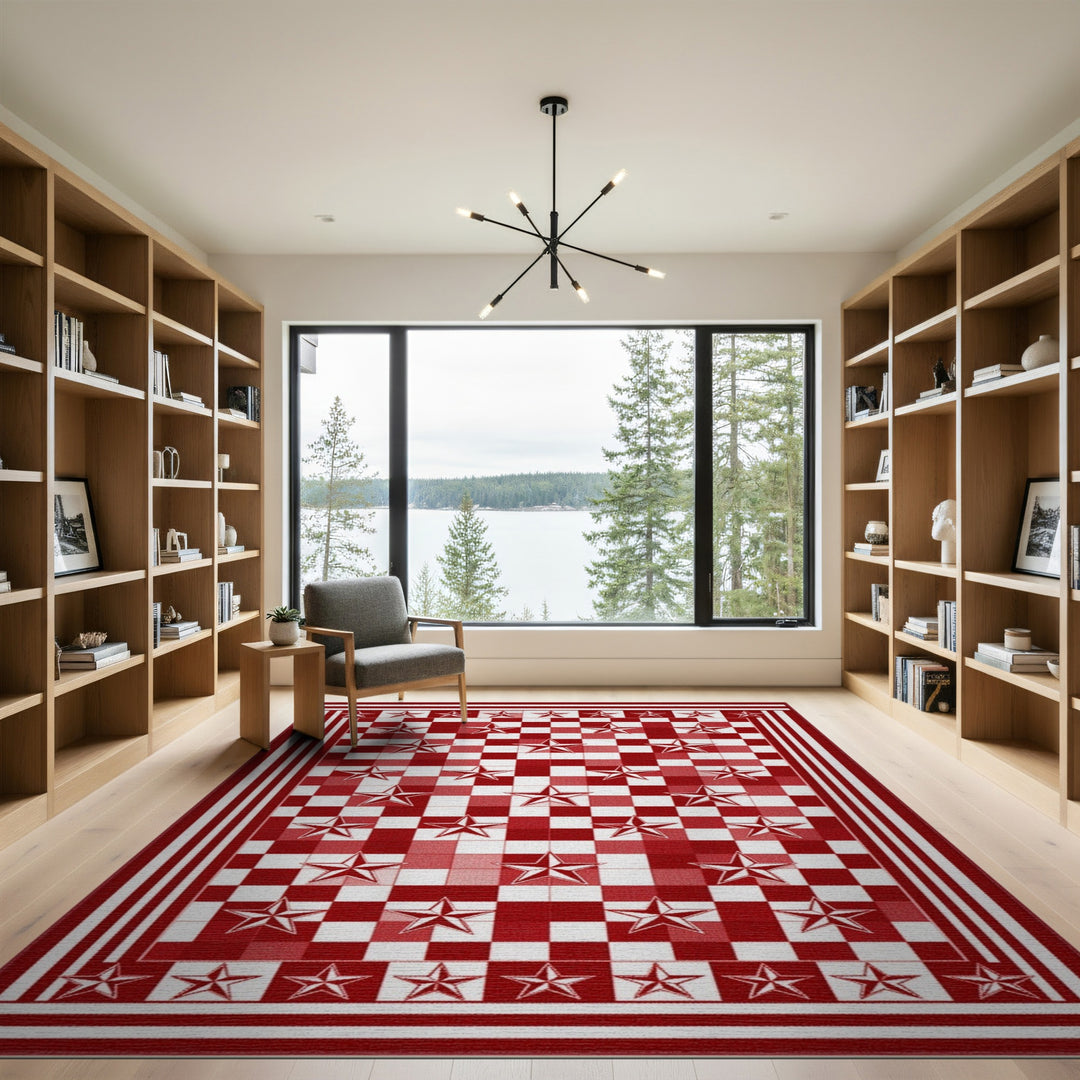 Red Checkered Star Washable Area Rug