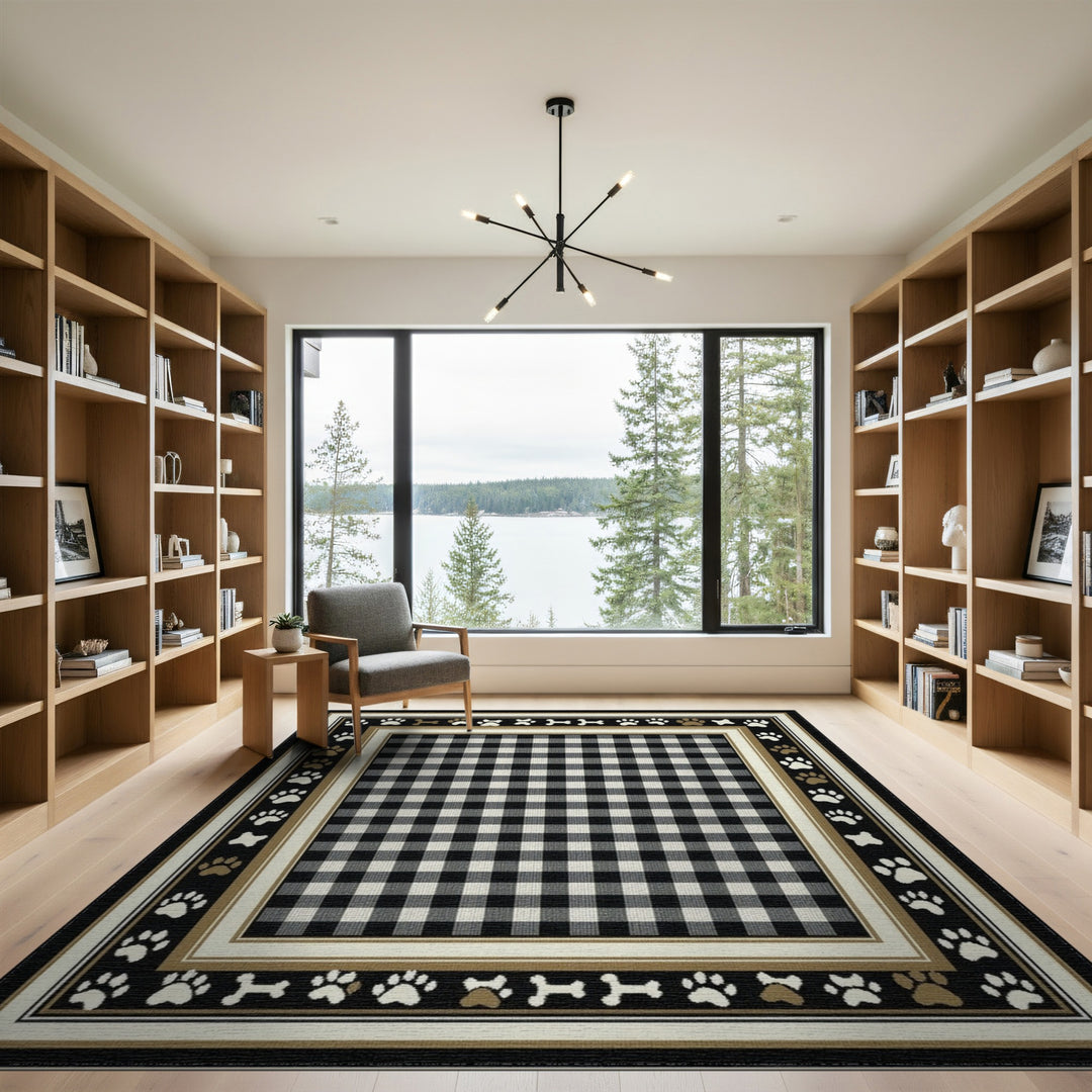 Black White Checkered Paw Print Area Rug