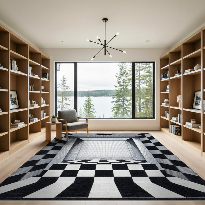 Black White Checkered Perspective Area Rug