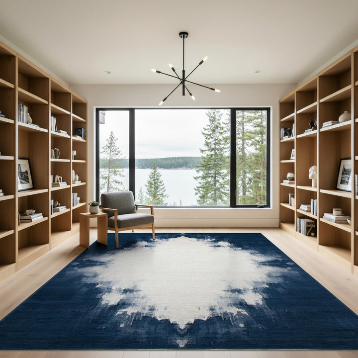 Blue and Teal Navy Blue Abstract Washable Area Rug