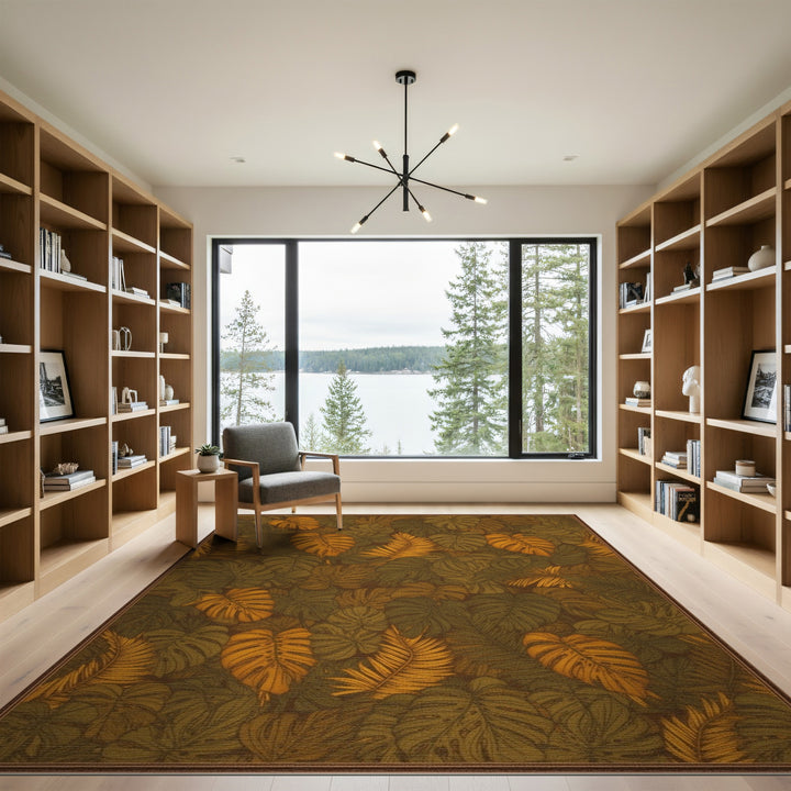Orange Monstera Leaf Area Rug