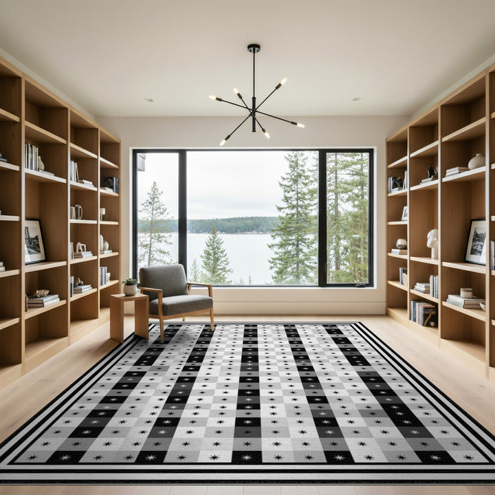 Black White Star Checkered Area Rug
