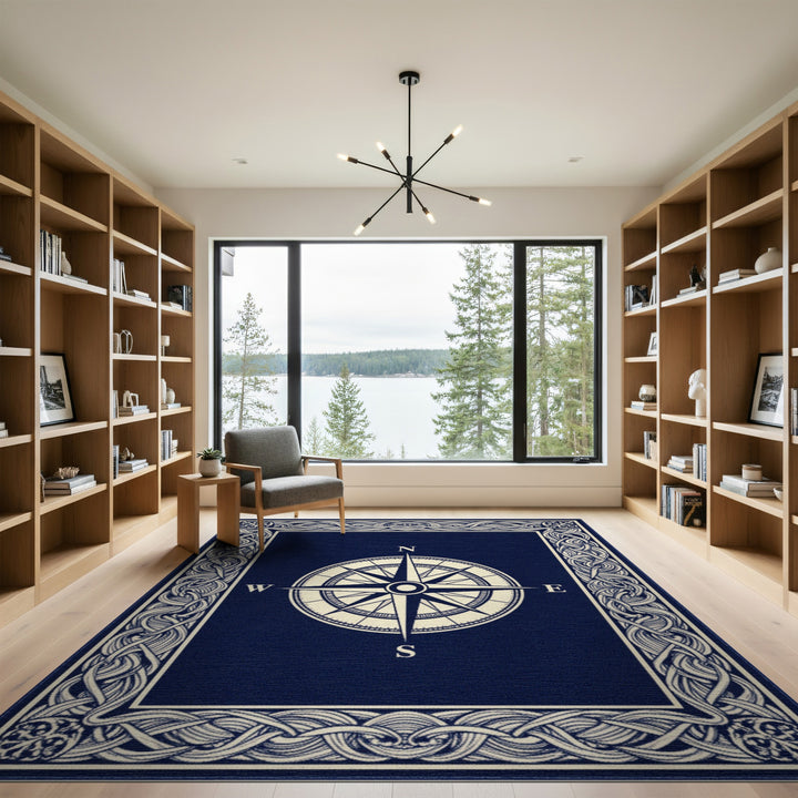 Navy Compass Rose Area Rug with Braided Border