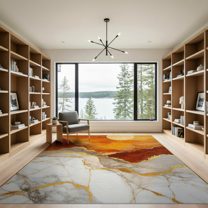 Abstract Orange Marble Gold Area Rug