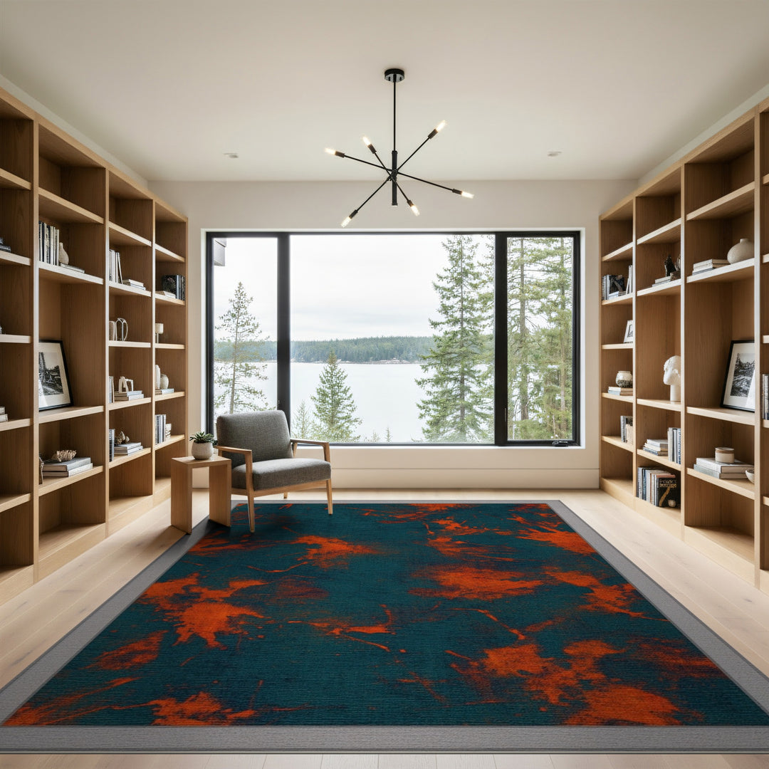 Blue Teal Abstract Orange Splatter Area Rug