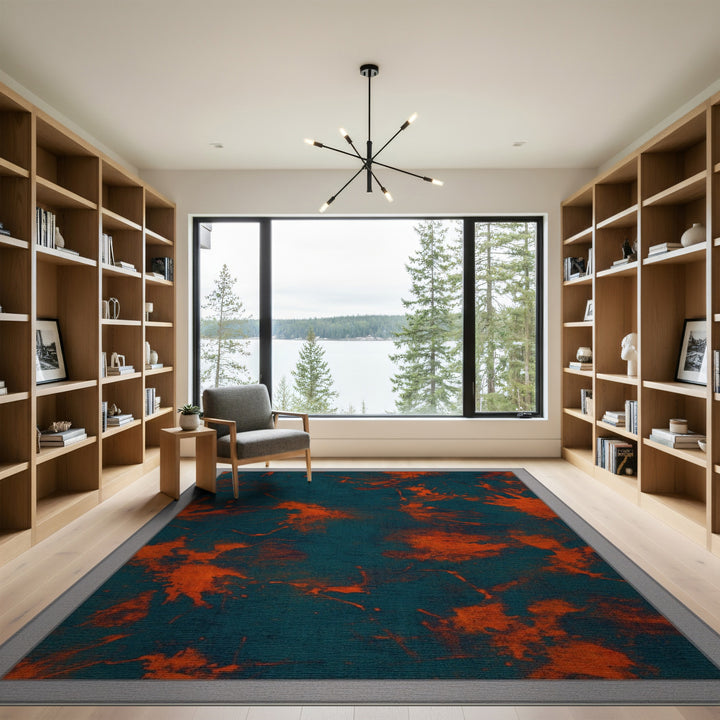 Blue Teal Abstract Orange Splatter Area Rug
