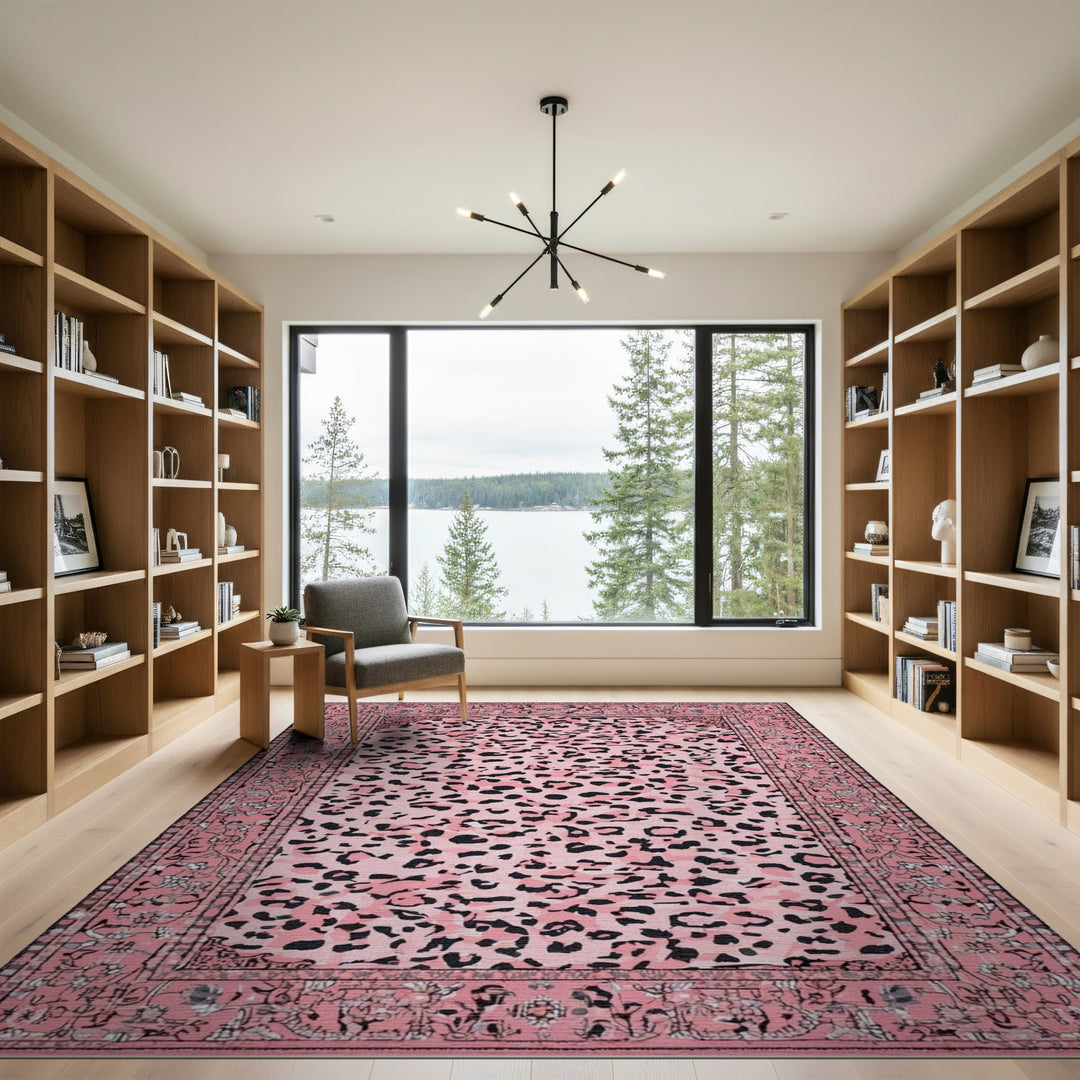 Pink Leopard Print Area Rug with Floral Border