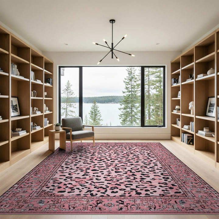 Pink Leopard Print Area Rug with Floral Border