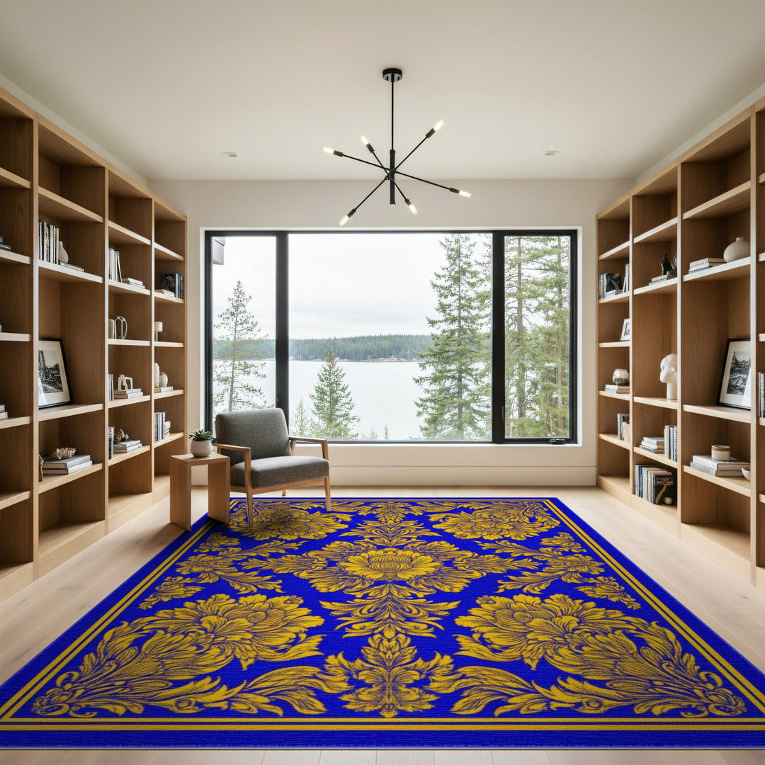 Blue and Gold Floral Vintage Area Rug