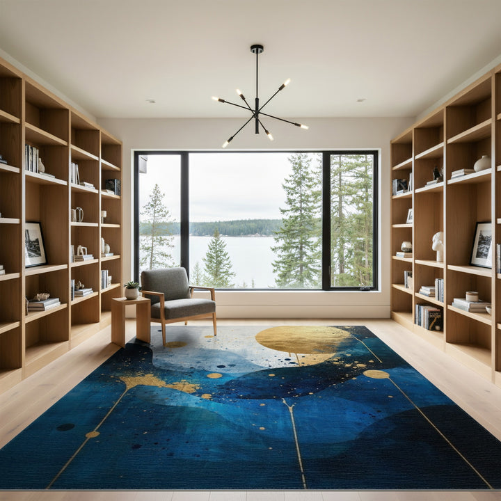 Blue and Teal Blue Gold Abstract Wave Area Rug