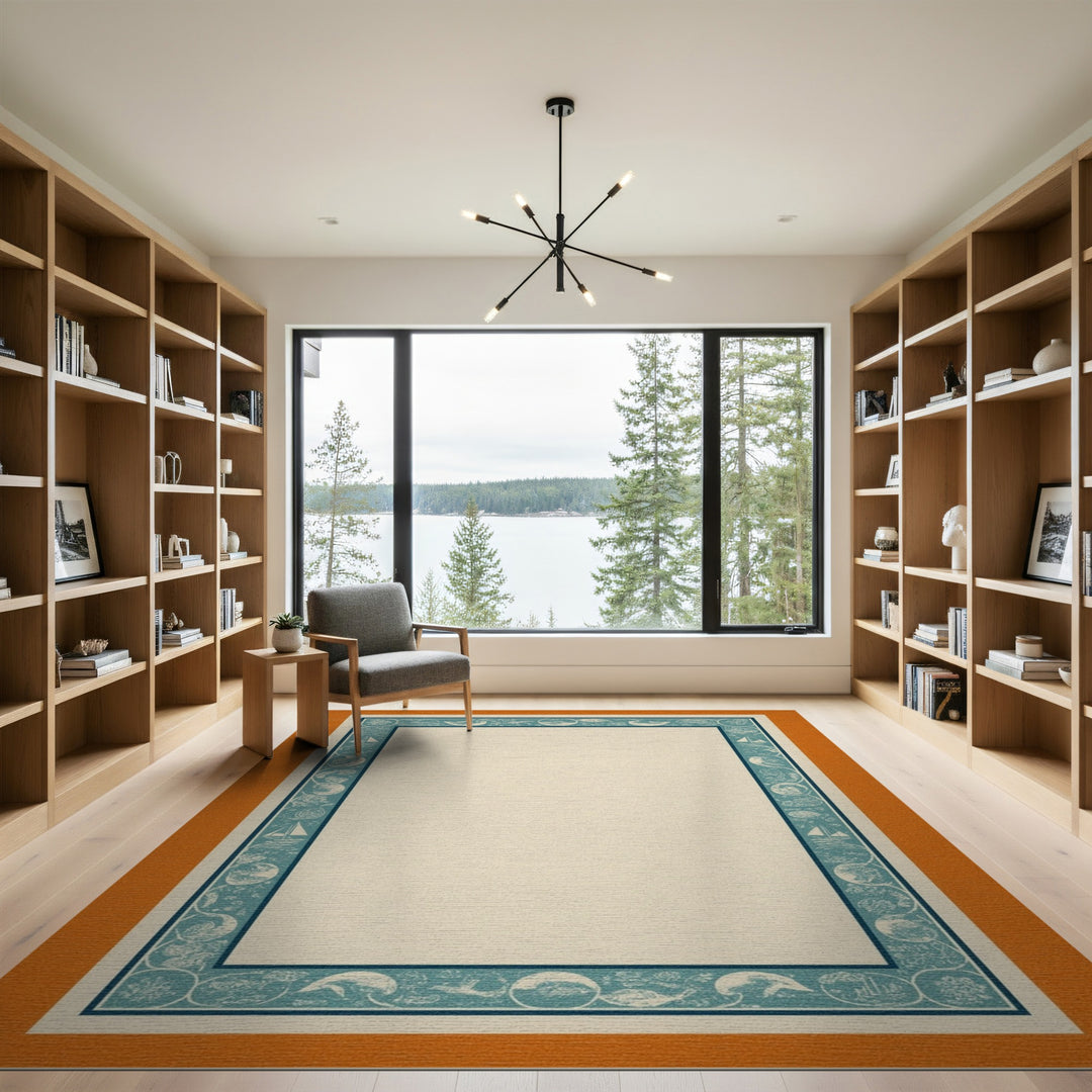 Coastal Teal Sailboat Border Area Rug