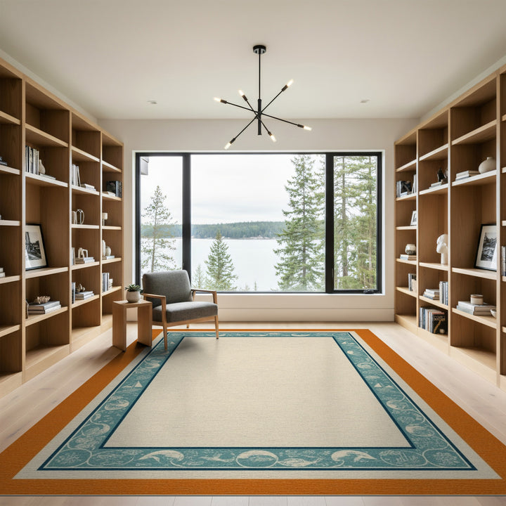 Coastal Teal Sailboat Border Area Rug