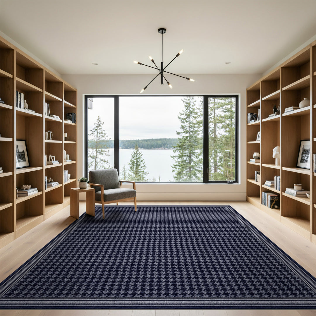 Navy Houndstooth Washable Area Rug