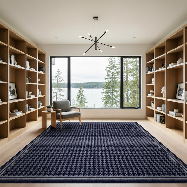 Navy Houndstooth Washable Area Rug
