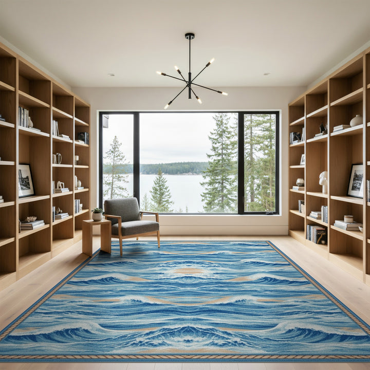 Symmetrical Blue Ocean Waves Area Rug