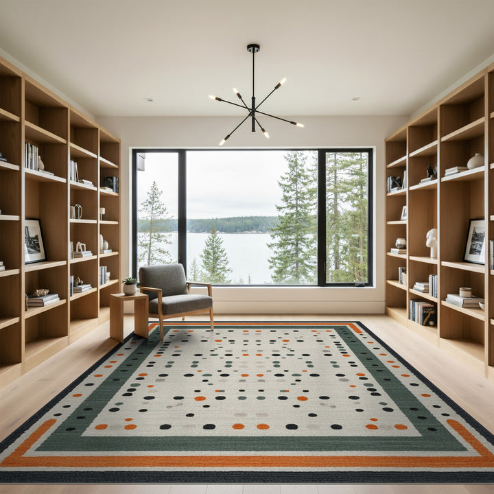 Modern Geometric Dot Area Rug with Orange Border
