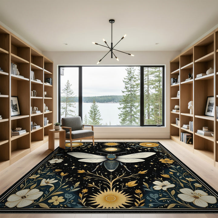 Celestial Moth Gold Floral Area Rug