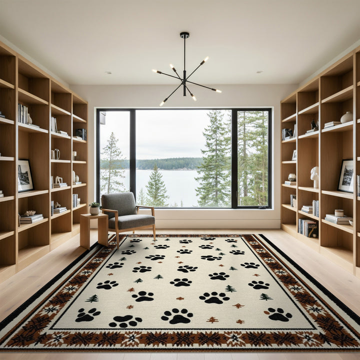Rustic Paw Print Area Rug with Pine Trees