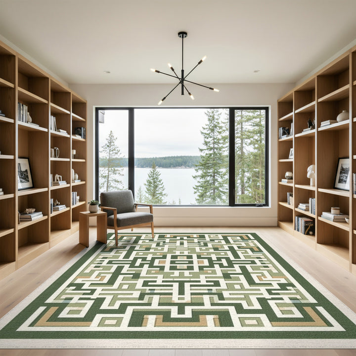 Geometric Modern Green Geometric Maze Area Rug