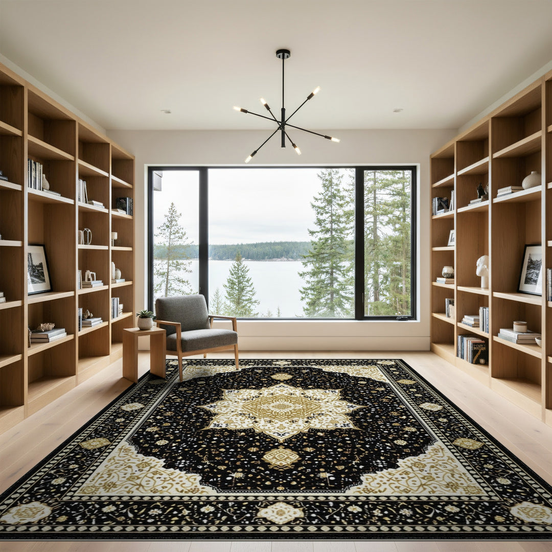Traditional Persian Black Gold Persian Medallion Area Rug