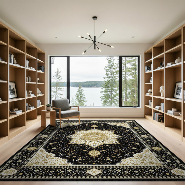 Traditional Persian Black Gold Persian Medallion Area Rug