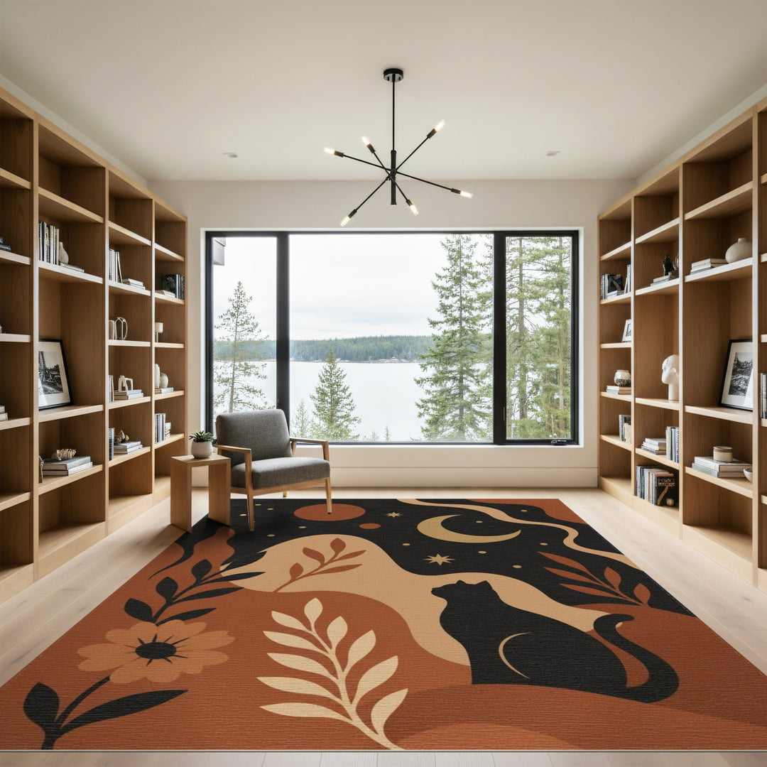 Brown and Tan Celestial Cat Boho Area Rug