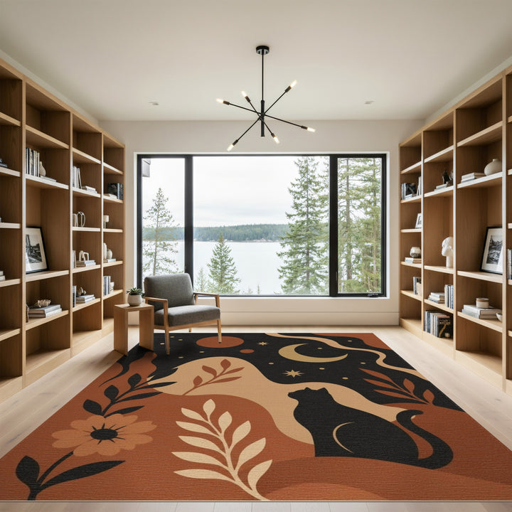Brown and Tan Celestial Cat Boho Area Rug