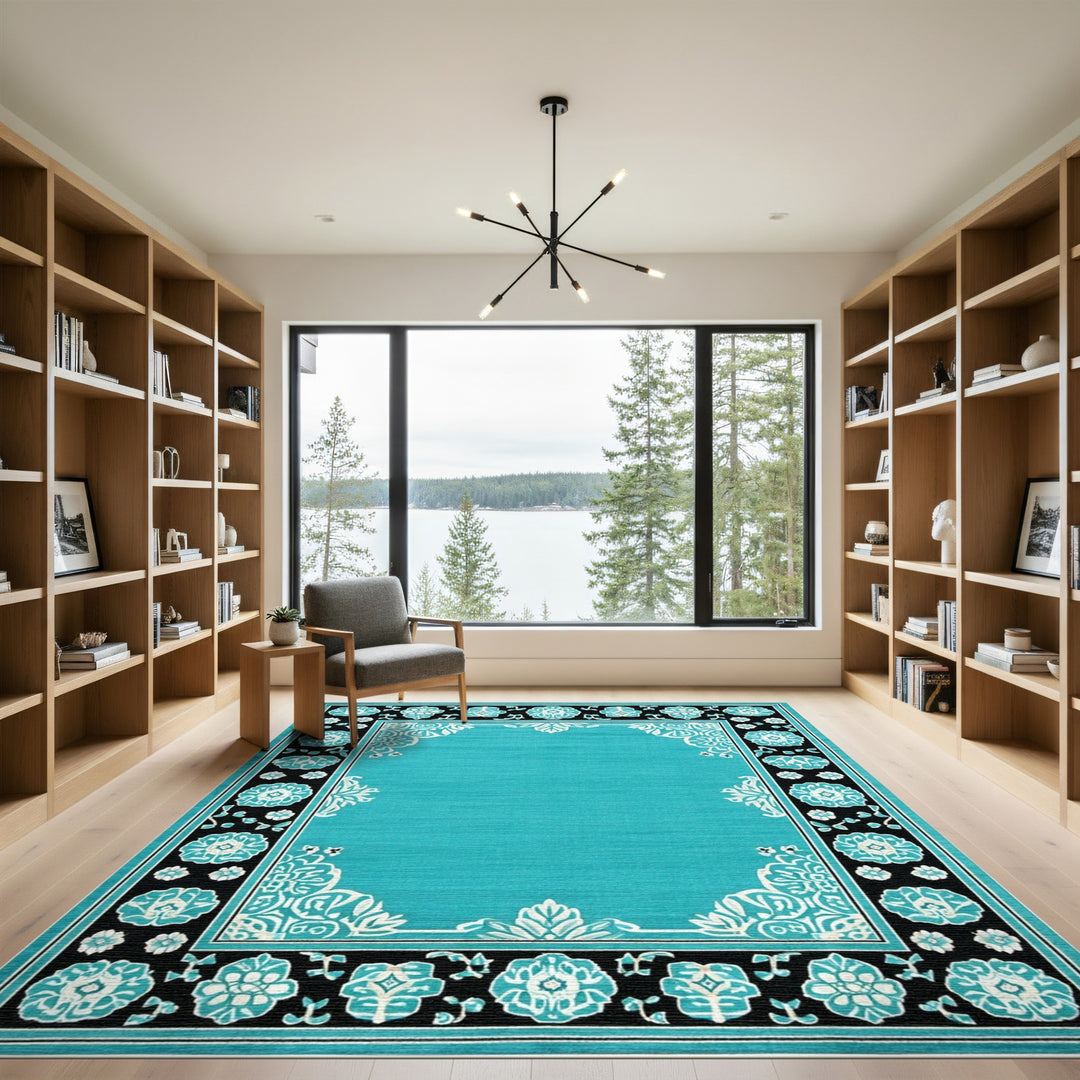 Teal Floral Vintage Area Rug with Black Border