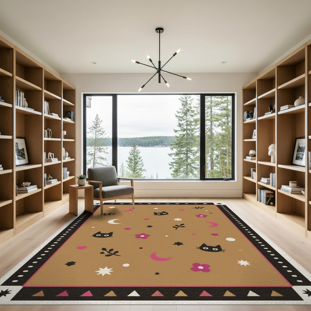 Black Cat Moon Kids Cartoon Rug in Brown Tan