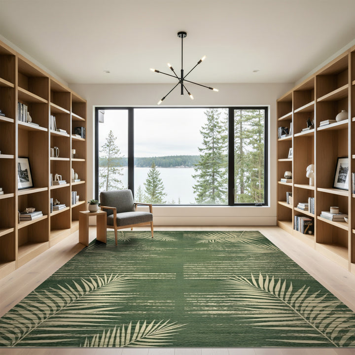 Green Palm Leaf Washable Area Rug