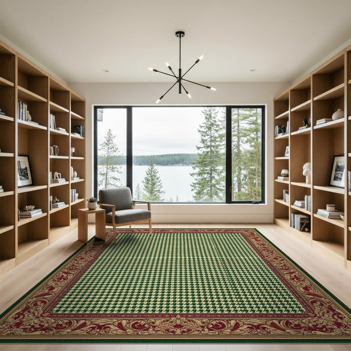 Green Houndstooth Area Rug with Ornate Border