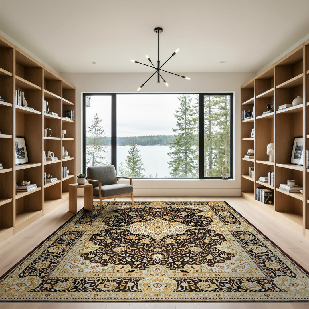 Black Ivory Persian Floral Medallion Rug