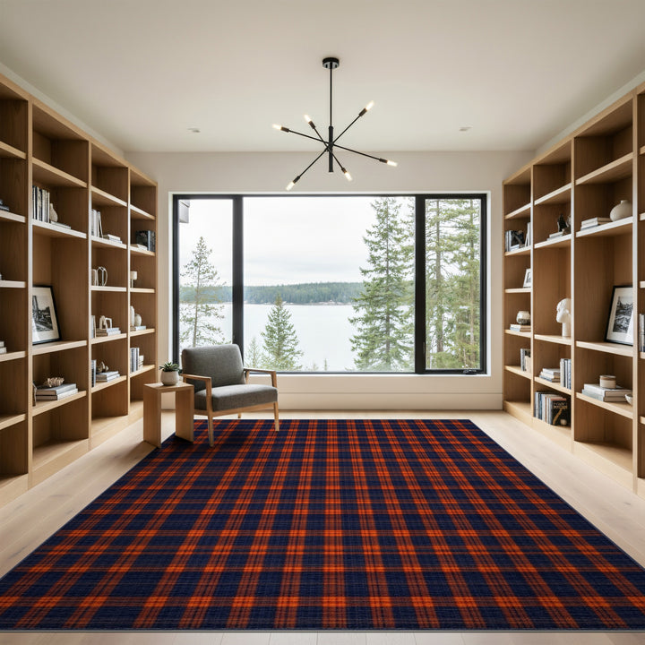 Navy and Orange Plaid Area Rug