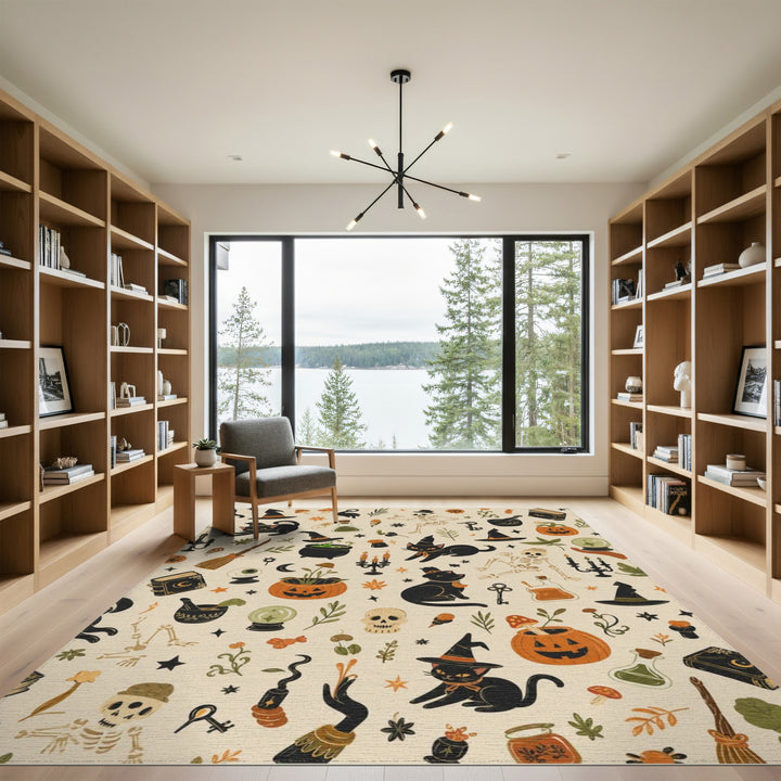 Beige and Neutral Spooky Black Cat Halloween Area Rug