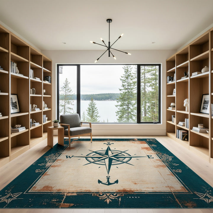 Nautical Compass Distressed Vintage Area Rug