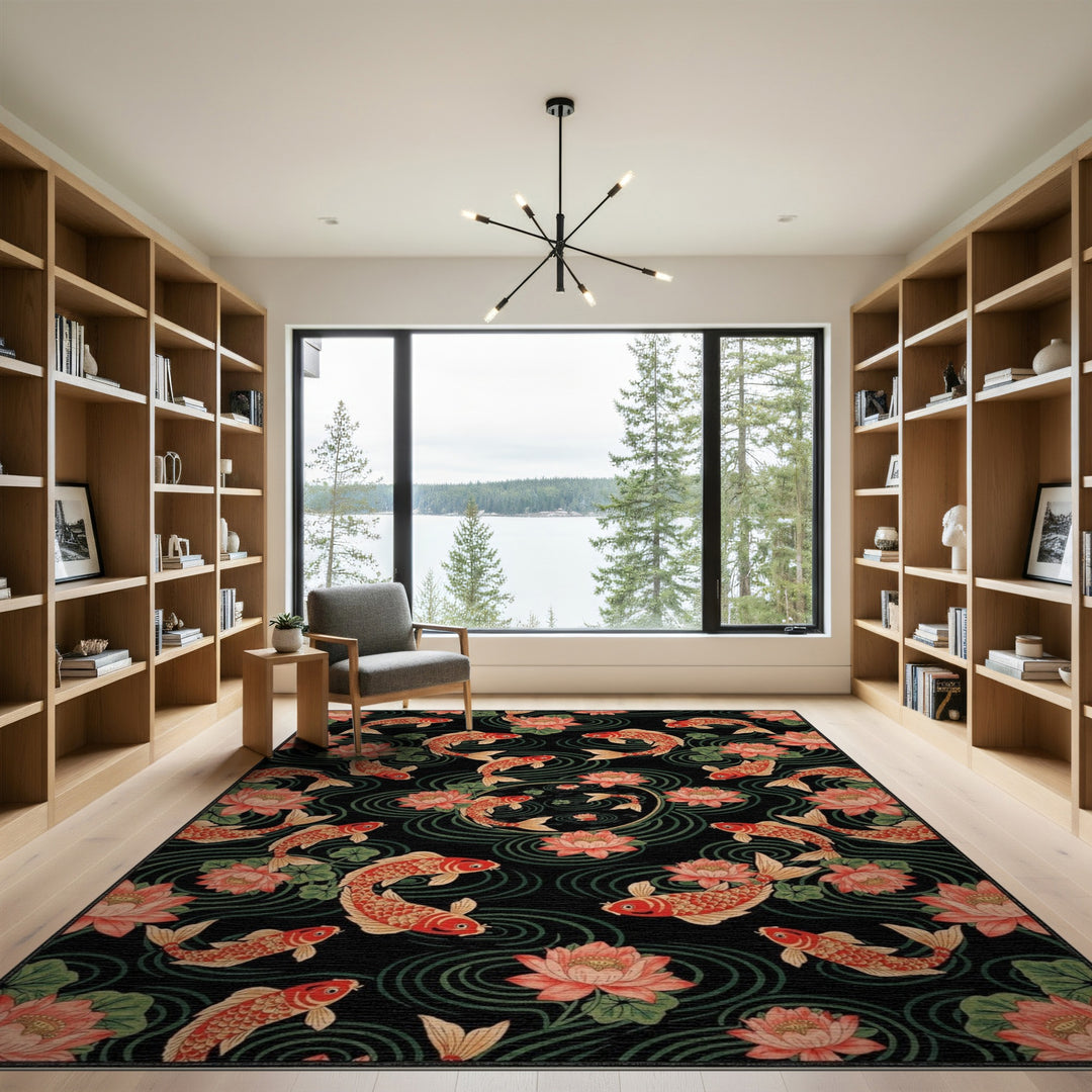 Koi Fish Lotus Black Area Rug