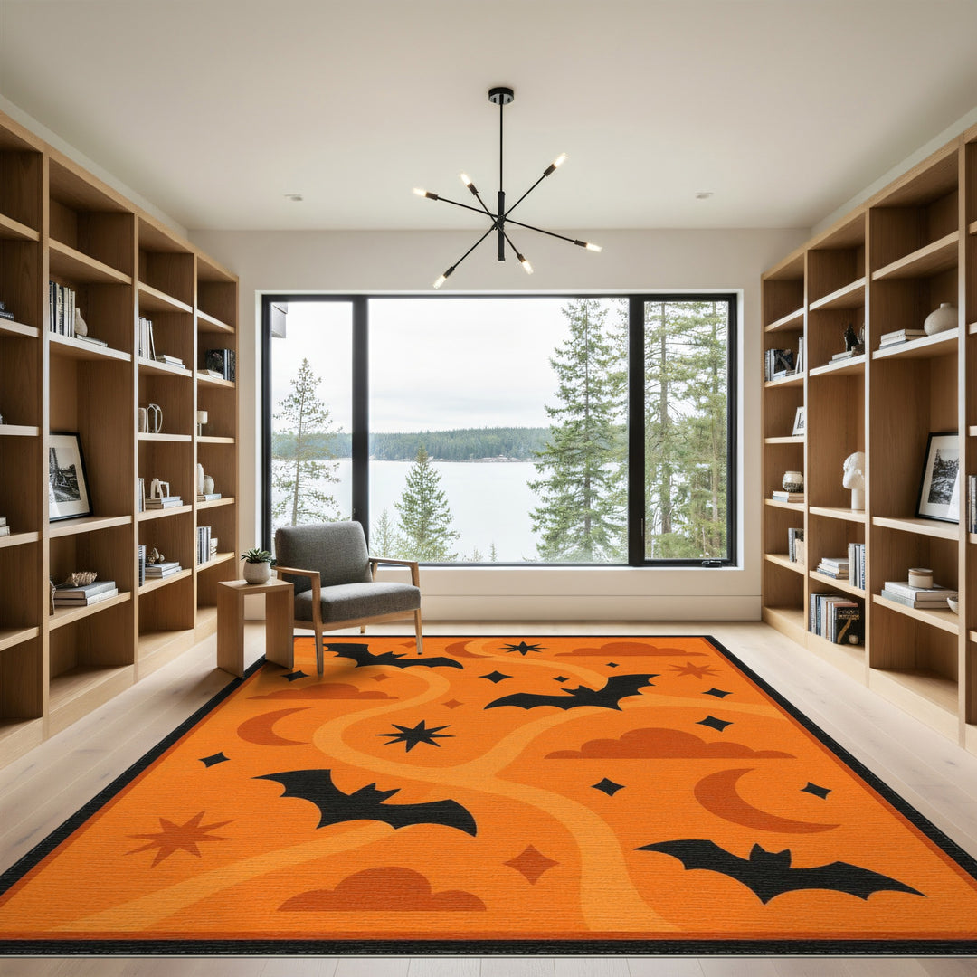 Orange Kids Cartoon Orange Halloween Bats Area Rug
