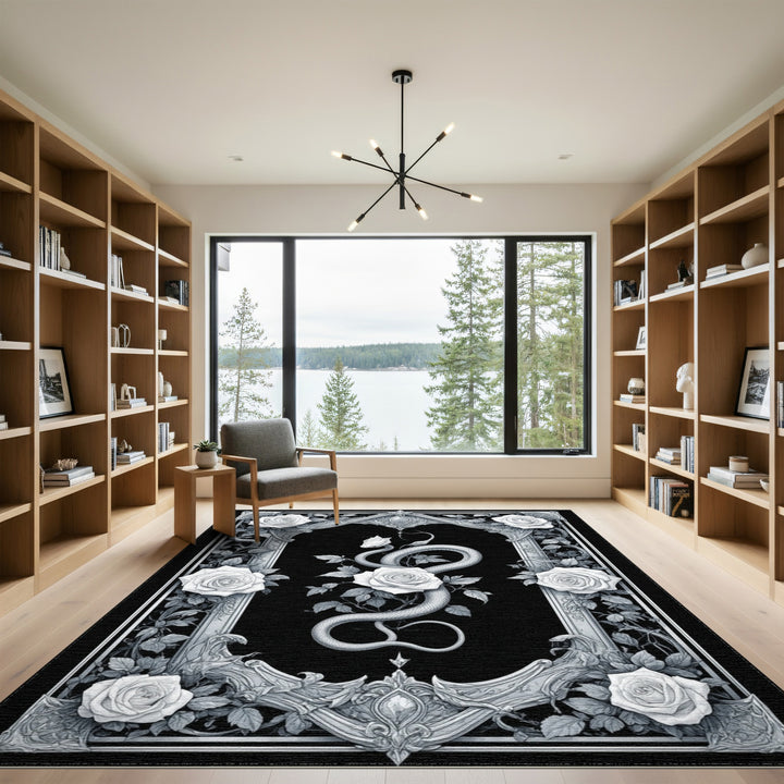 Black White Serpent Rose Ornate Area Rug