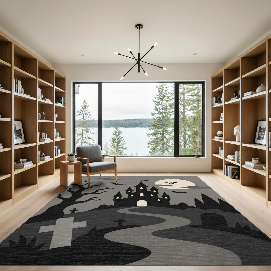 Black and White Spooky Haunted Castle Halloween Area Rug