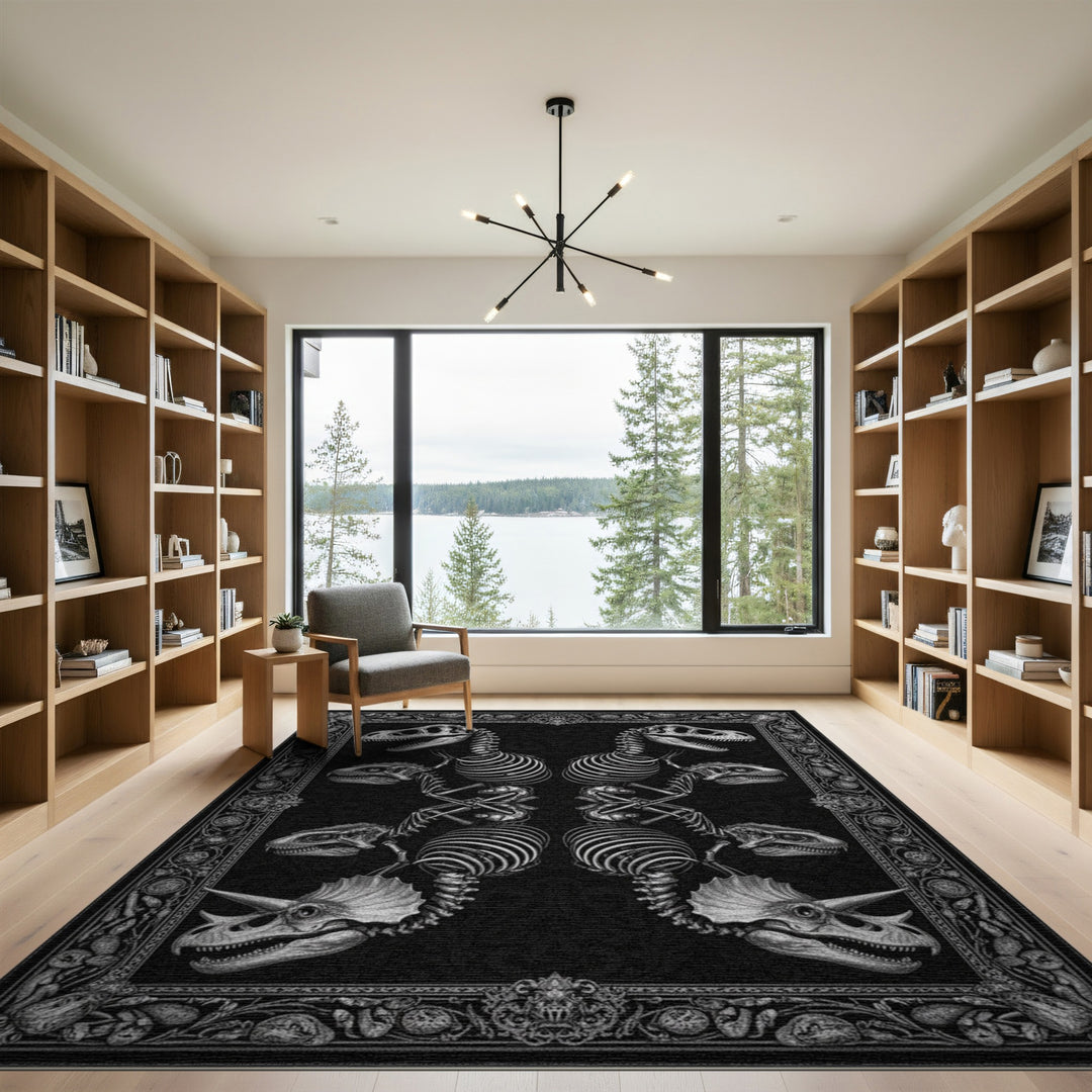 Black White Dinosaur Skeleton Area Rug
