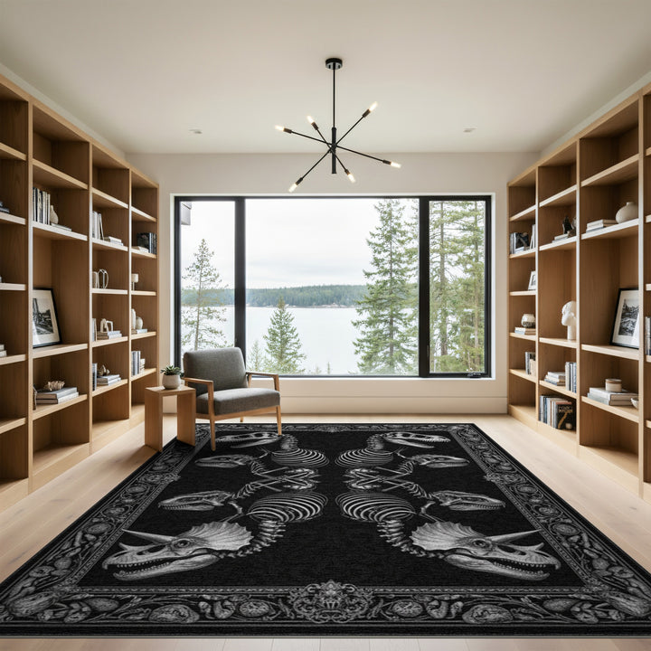 Black White Dinosaur Skeleton Area Rug