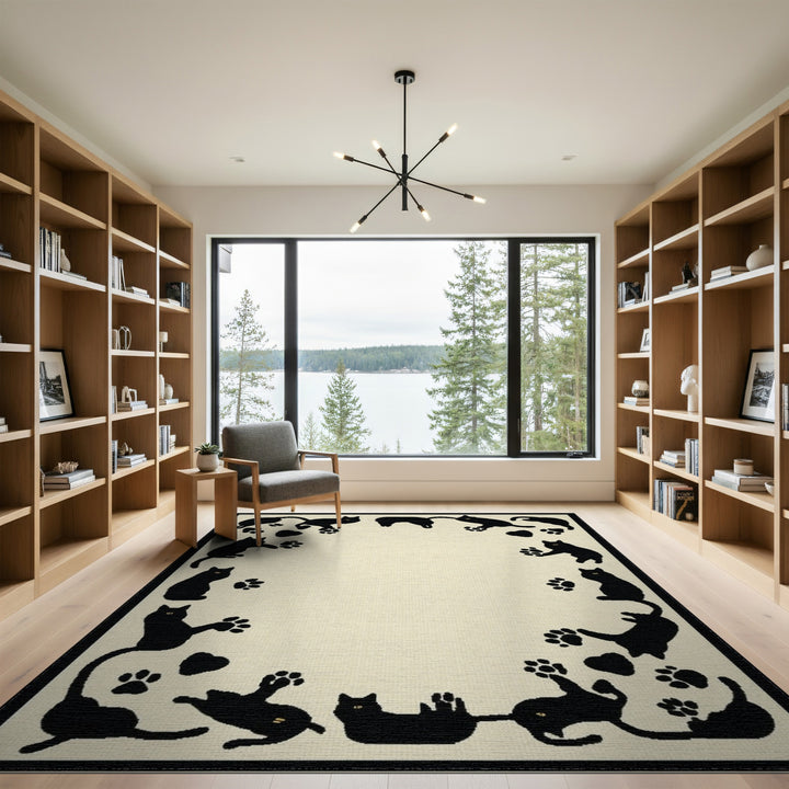 Black Cat Paw Print Washable Area Rug