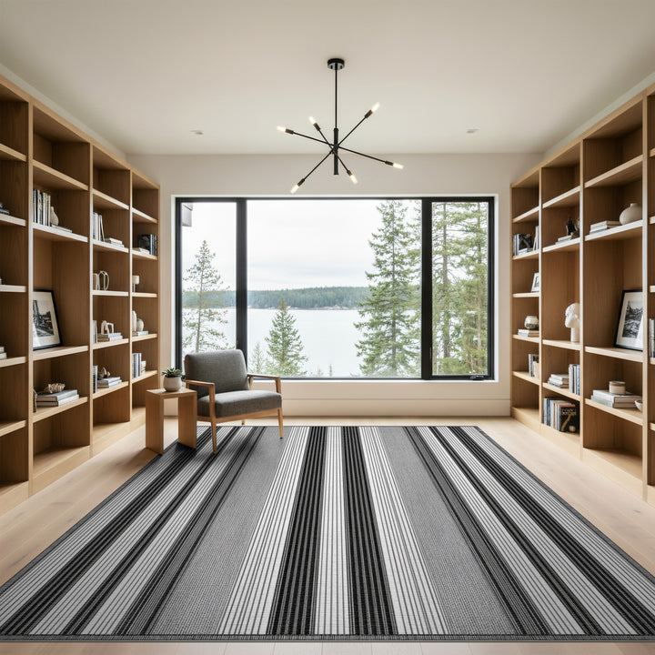 Black White Vertical Stripe Washable Area Rug