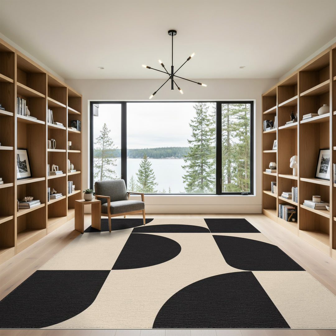 Beige and Neutral Black Geometric Modern Area Rug