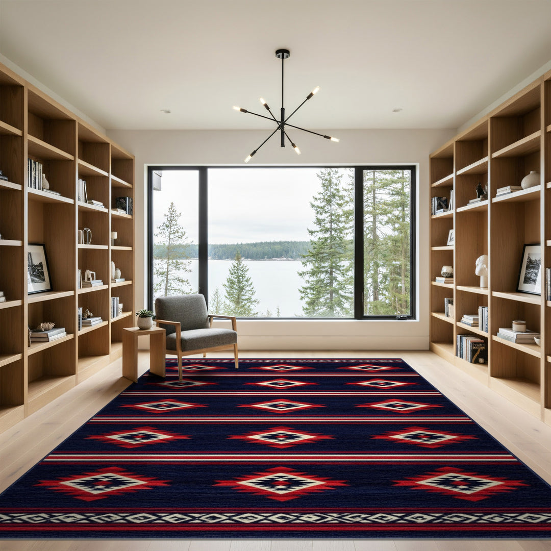 Navy Blue Southwestern Area Rug with Red Diamonds