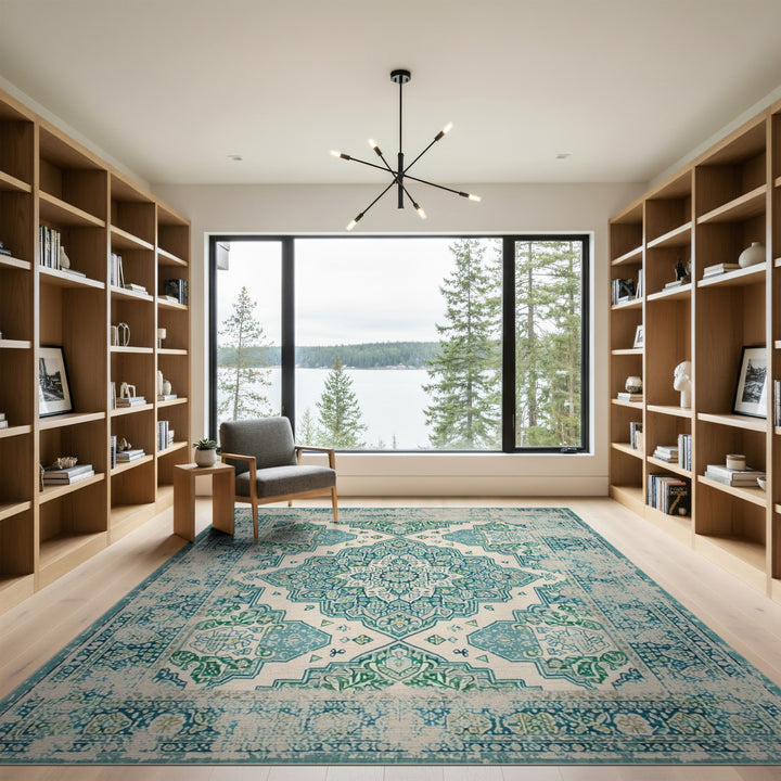 Blue and Teal Distressed Vintage Medallion Area Rug