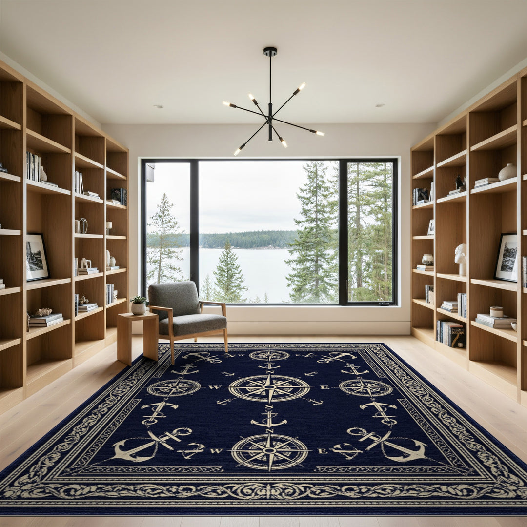 Navy Blue Nautical Anchor Compass Area Rug