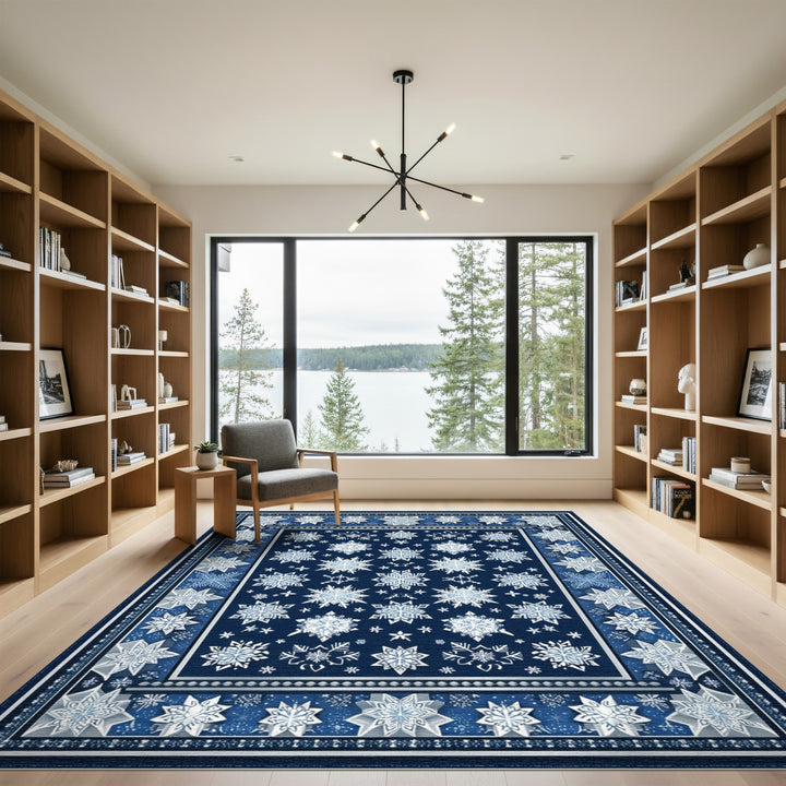Geometric Modern Navy Blue Snowflake Geometric Area Rug